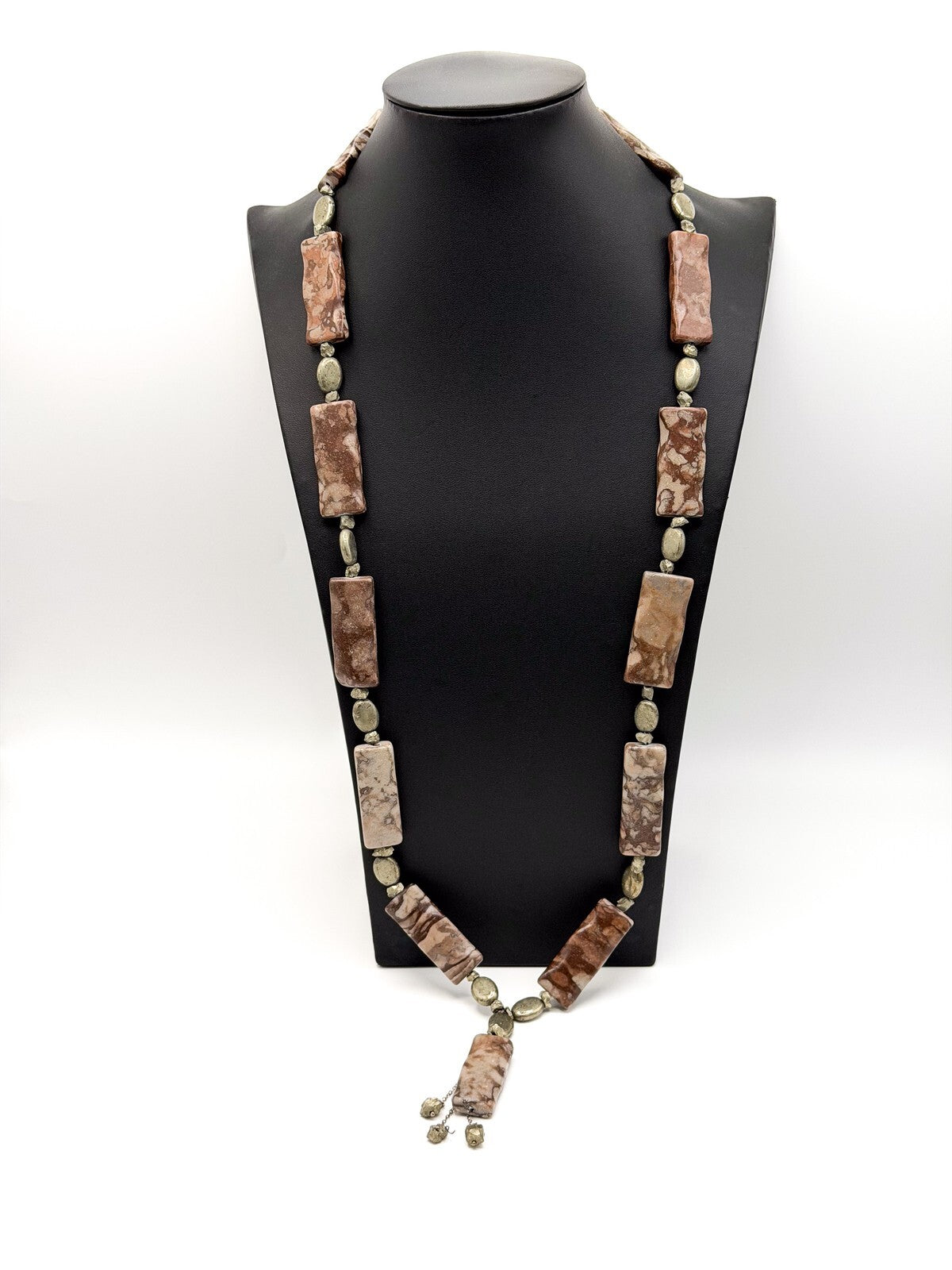 Chunky Carved Jasper Necklace Semi Precious Pyrite & Hematite - Gemstone Boho