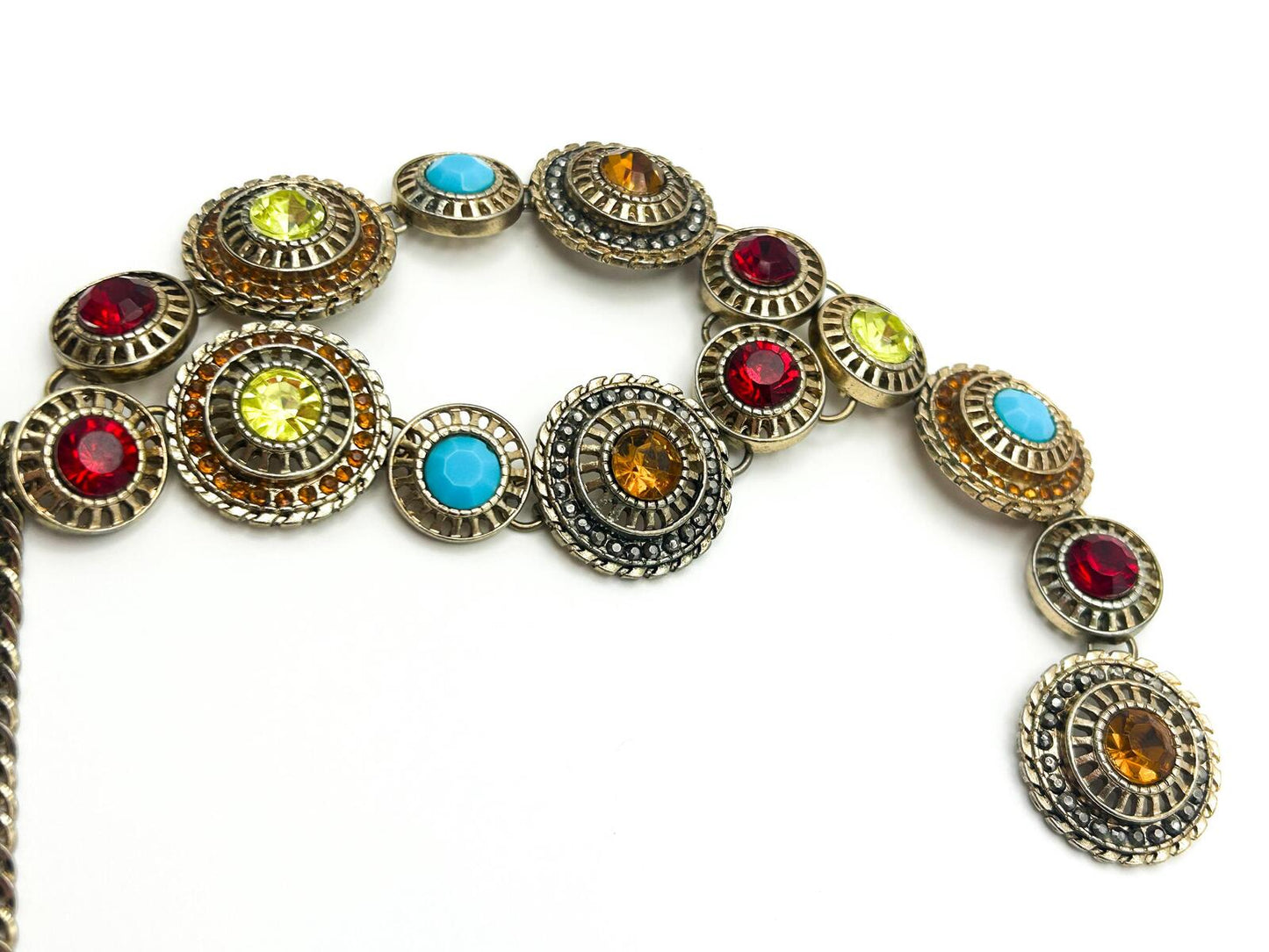 Vintage Boho Ornate Articulated Gold Tone Rhinestone Coin-disc Y Necklace