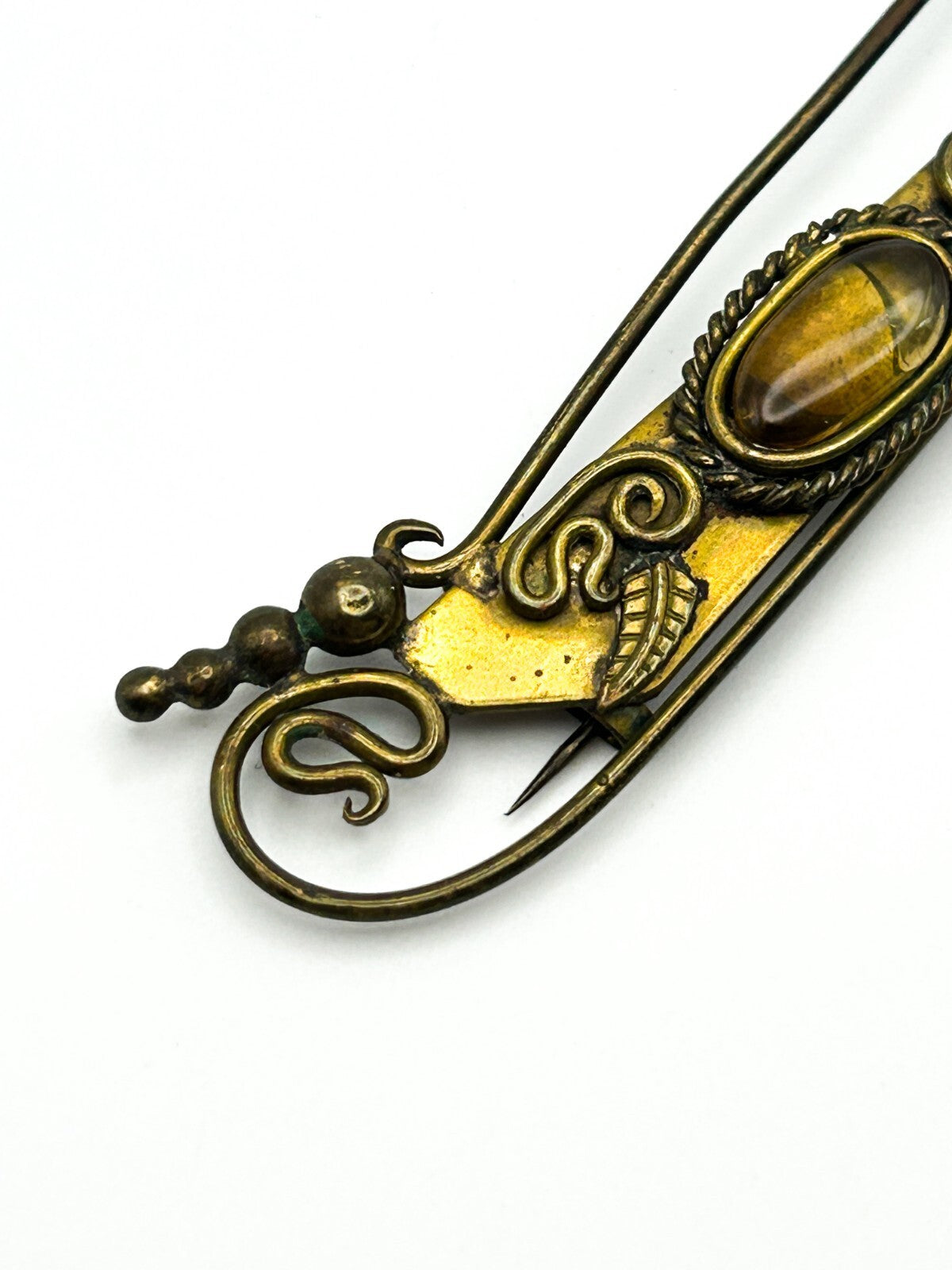 Antique Style Art Nouveau Brass Openwork Brooch Oval Glass Cabochon C Clasp