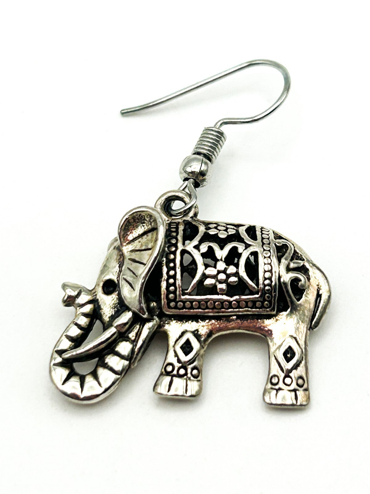 Silver Tone Elephant Drop Earrings Filigree Openwork Dangle