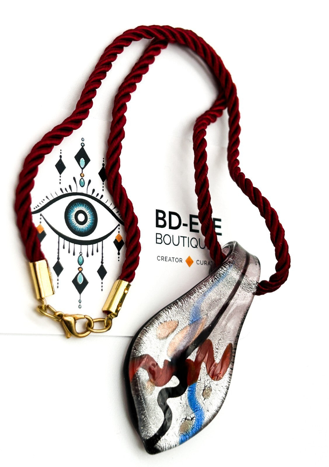 Murano Style Art Glass Pendant Necklace Red Blue Silver Abstract Foil Red Cord