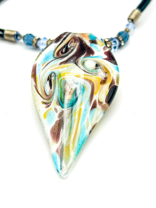 Yellow & Turquoise Art Glass Swirl Pendant Necklace on Cord
