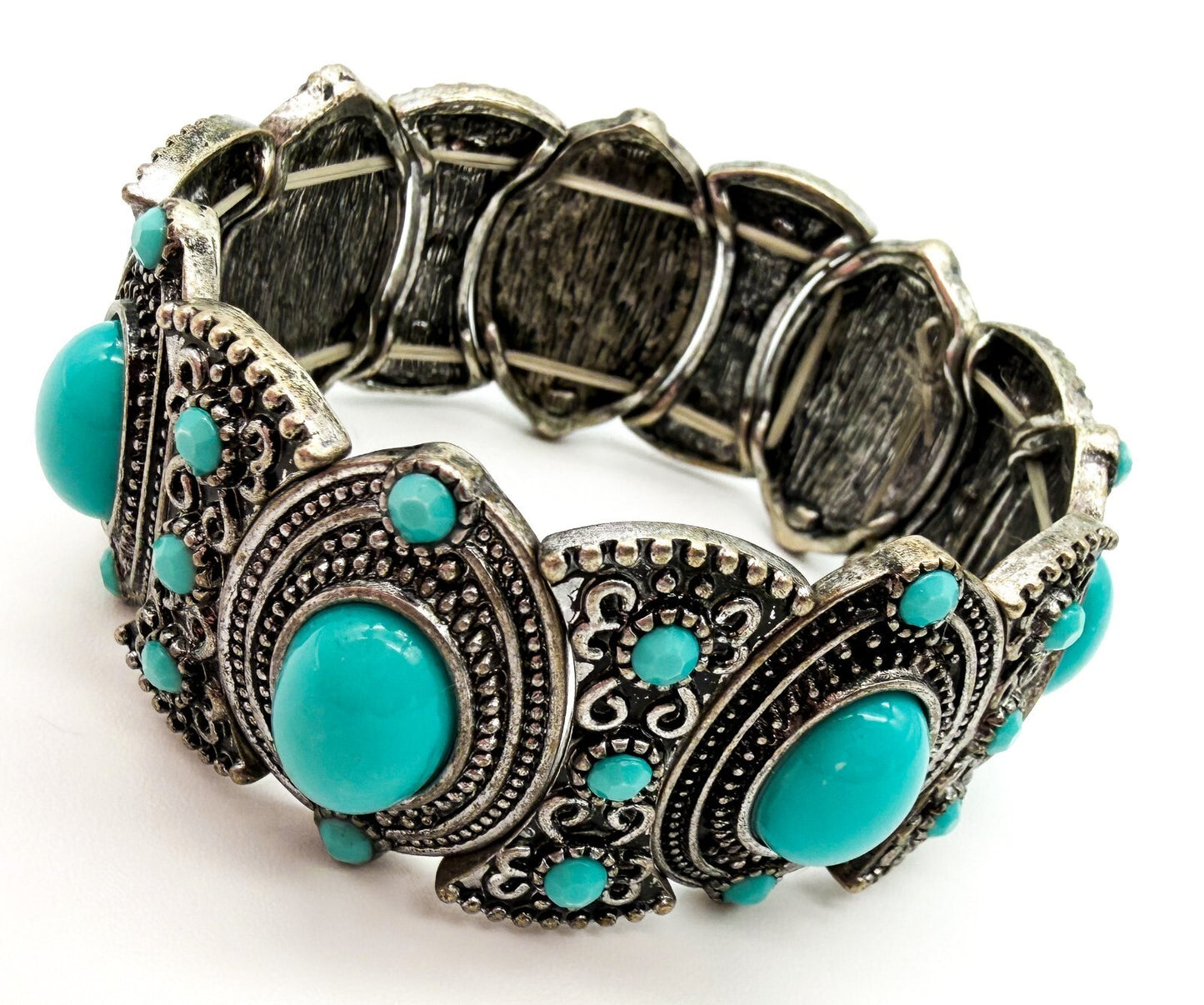 Ornate Faux Turquoise Stretch Cuff Bracelet Silver Tone Statement Boho Statement