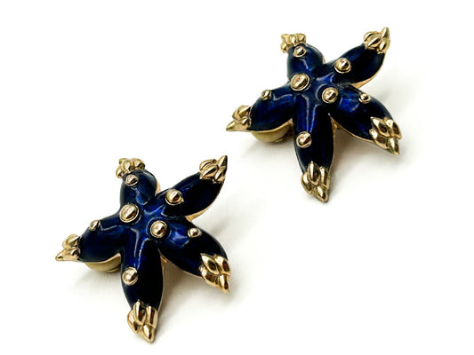 Vintage Gold Tone Cobalt Blue Enamel Starfish Earrings Clip On Retro Coastal