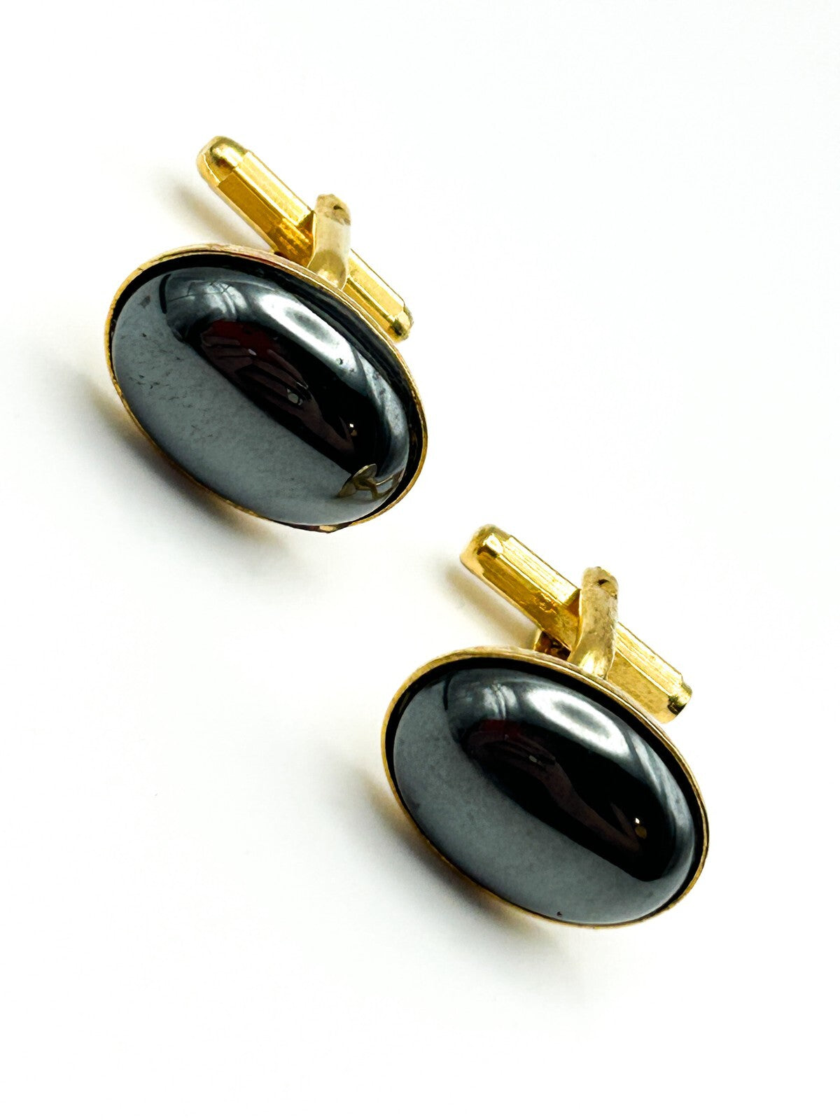 Vintage Gold Tone Oval Hematite Cufflinks