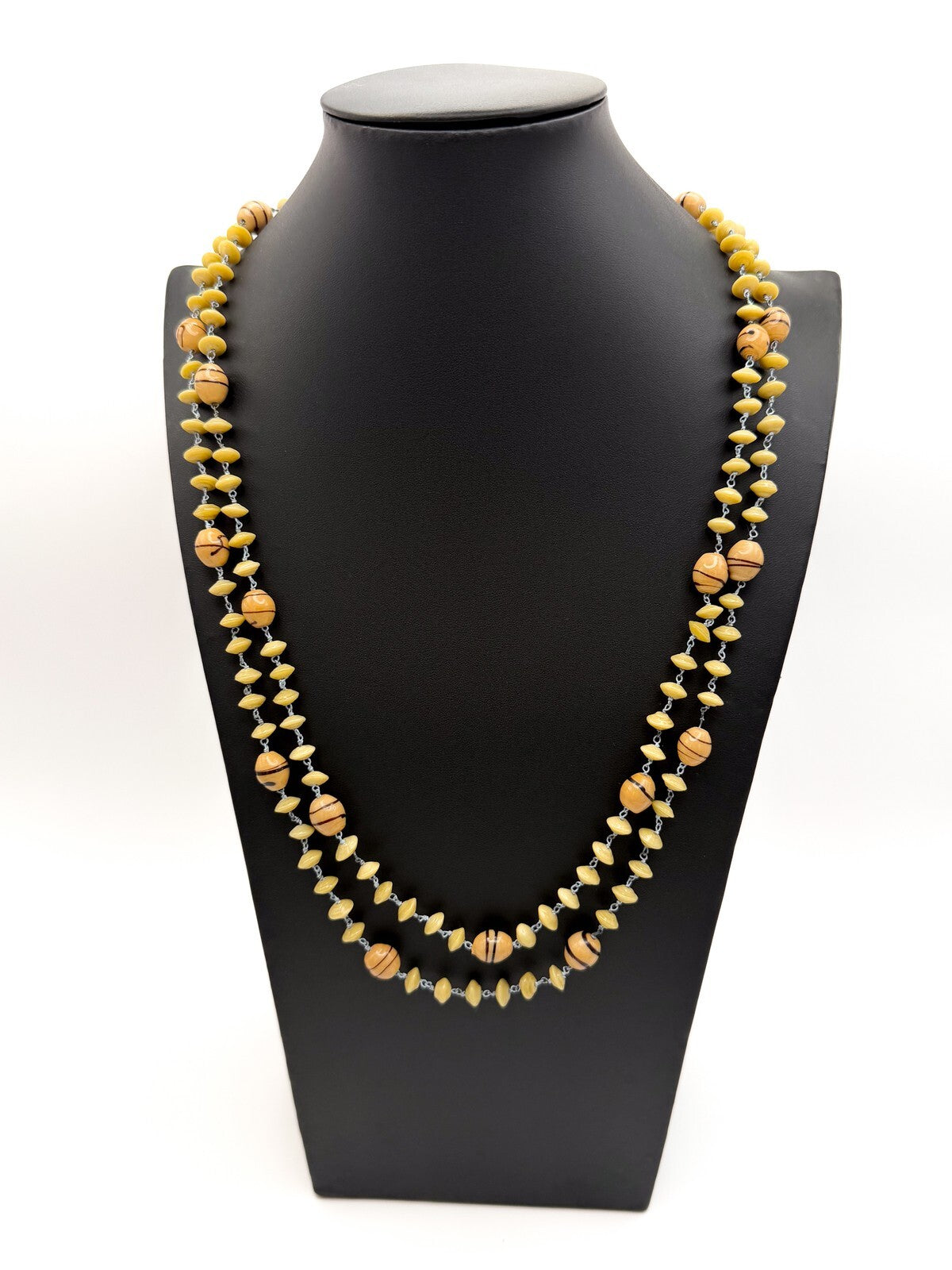 Vintage Venetian Style Glass Bead Necklace Mustard & Olive Disc  Barrel Detail