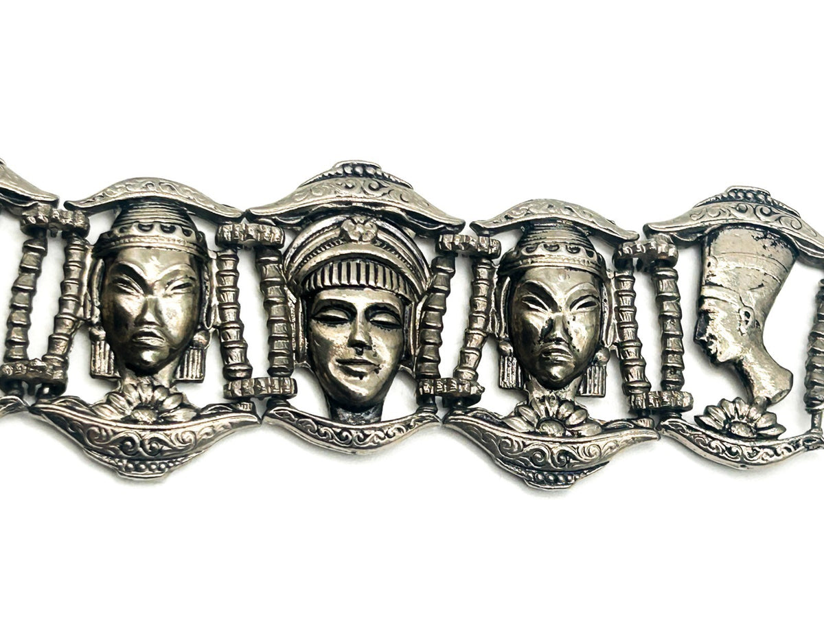 Vintage Ethnic Revival Silver Tone Panel Bracelet
