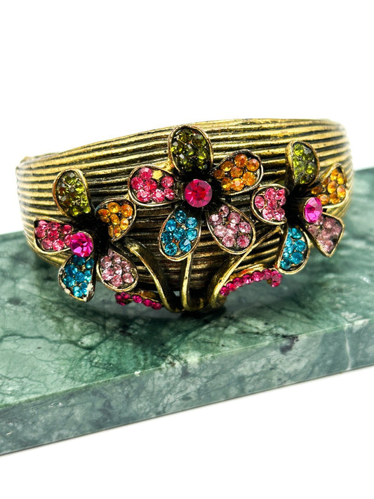 Antique Gold Tone Rhinestone Flower Clamper Bangle Pink Blue Green Bold Floral