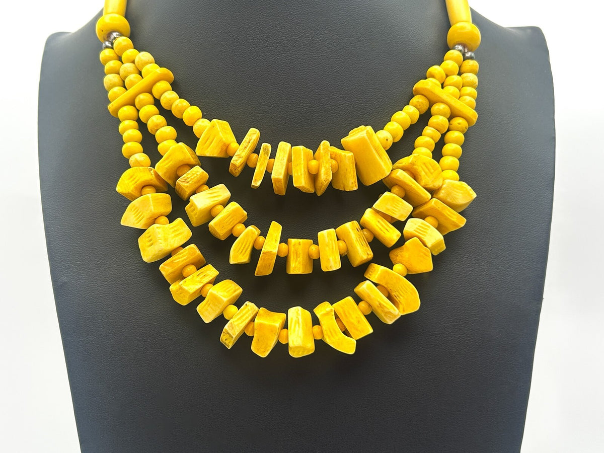 Vintage Bright Yellow Triple-Strand Organic Material Bib Necklace
