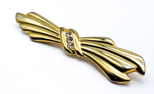 Vintage Gold Tone Bow Brooch Clear Rhinestone Diamante Ribbon Pin Retro 6cm