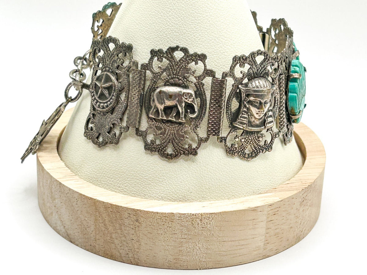 Vintage Egyptian Revival Pharaoh Scarab Panel Bracelet Turquoise Hamsa Tourist