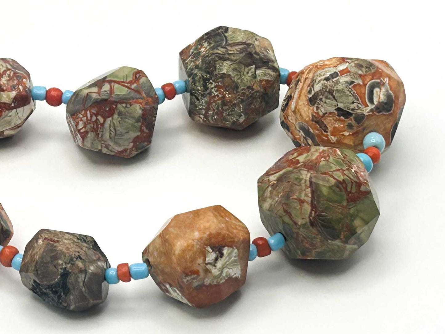 Graduated Raw & Faceted Jasper Statement Necklace with Blue and Red Glass Spacer