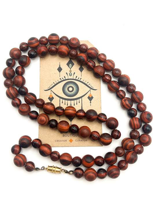 Long Wood Bead Necklace Mahogany Brown Graduated Boho Natural Wooden 29.5”