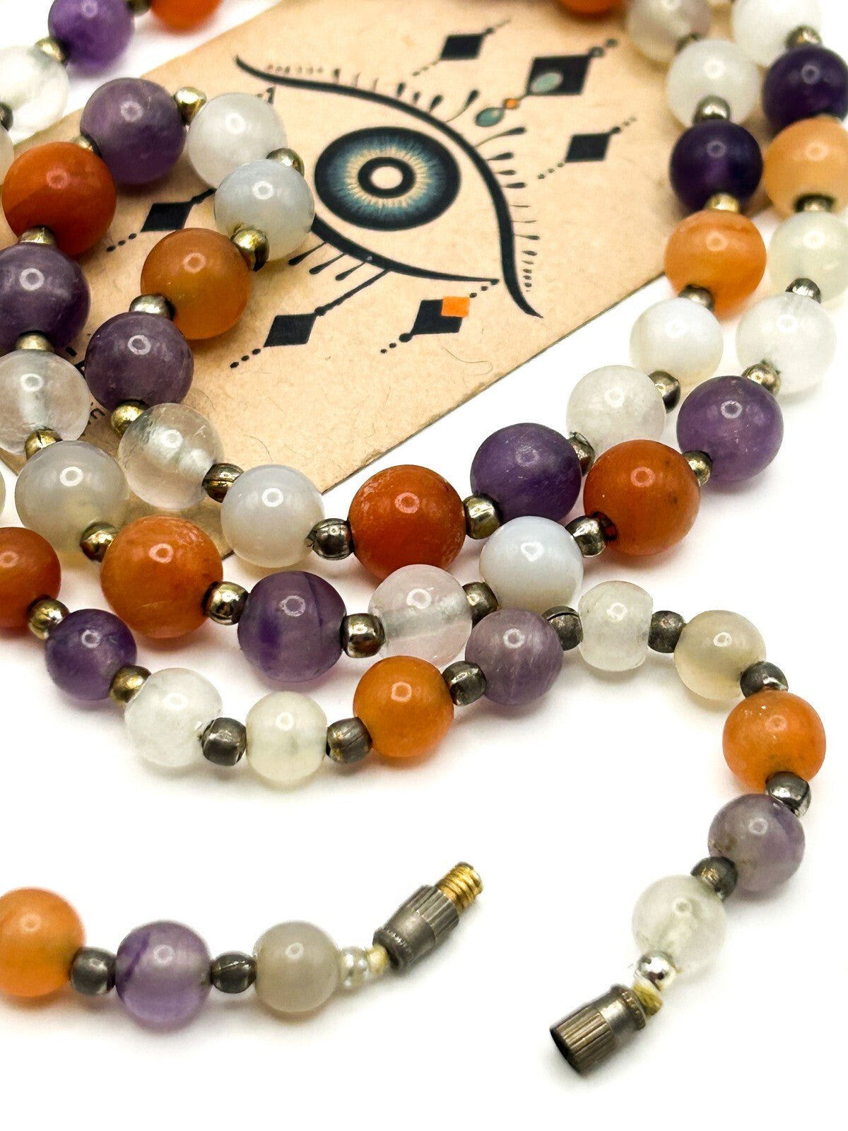 Vintage Carnelian, Amethyst & Quartz Gemstone Bead Necklace – 15” Orange Purple