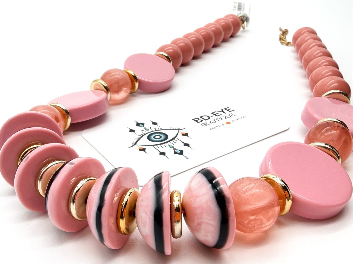 Retro Chunky Pink Acrylic Statement Necklace Disc Beads Gold Tone New w/Tag 23”