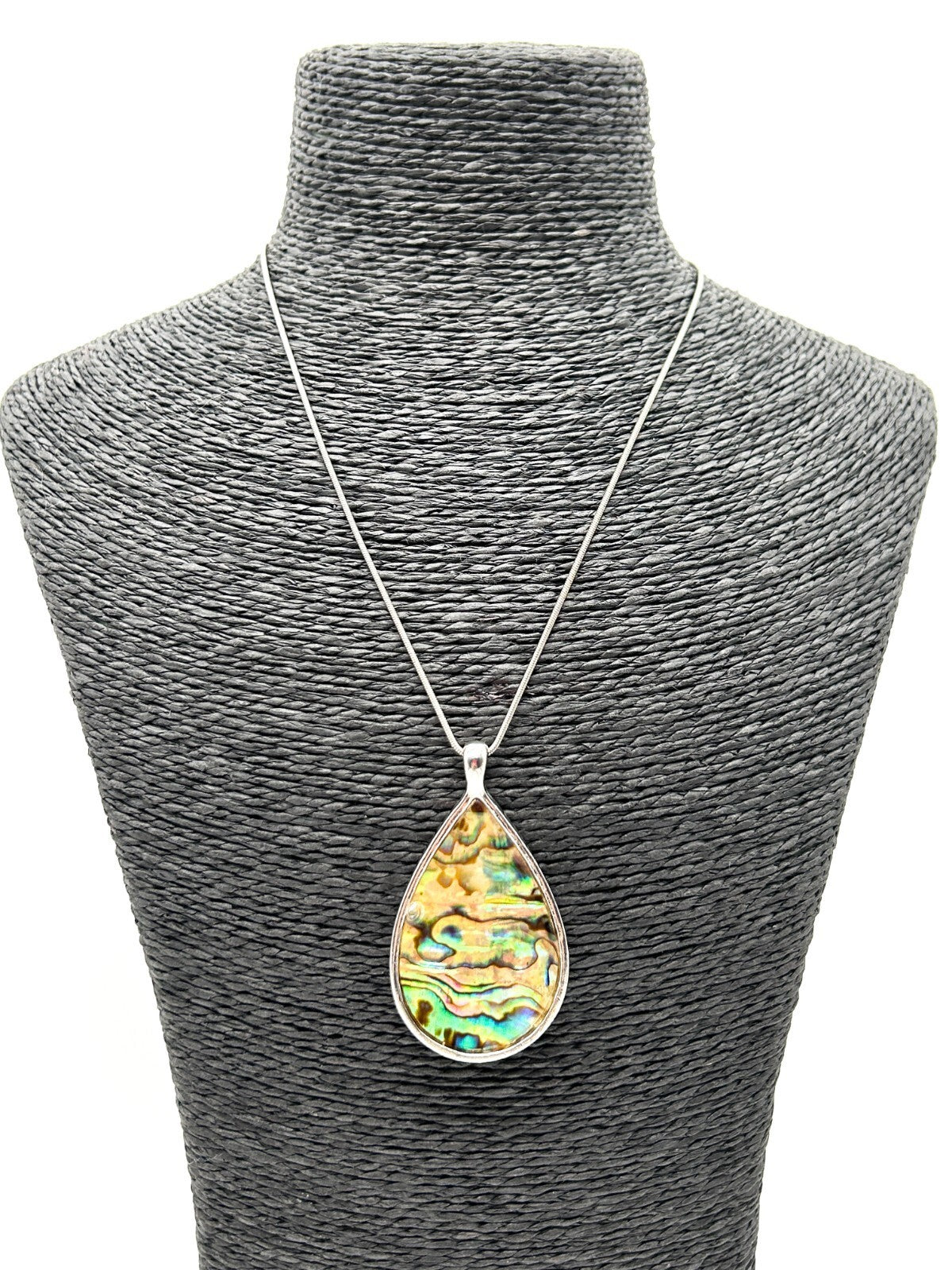 Large Abalone Shell Teardrop Pendant Necklace Snake Chain Silver Tone 17in