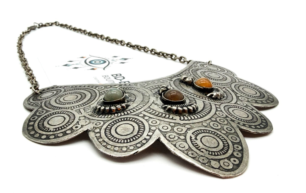 Silver Tone Ornate Ethnic Style Bib Necklace with Semi-Precious Agate Cabochons
