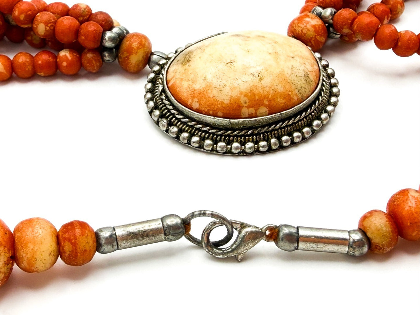 Multi Strand Red Coral Bead Necklace Ornate Oval Pendant 19 Inch Statement