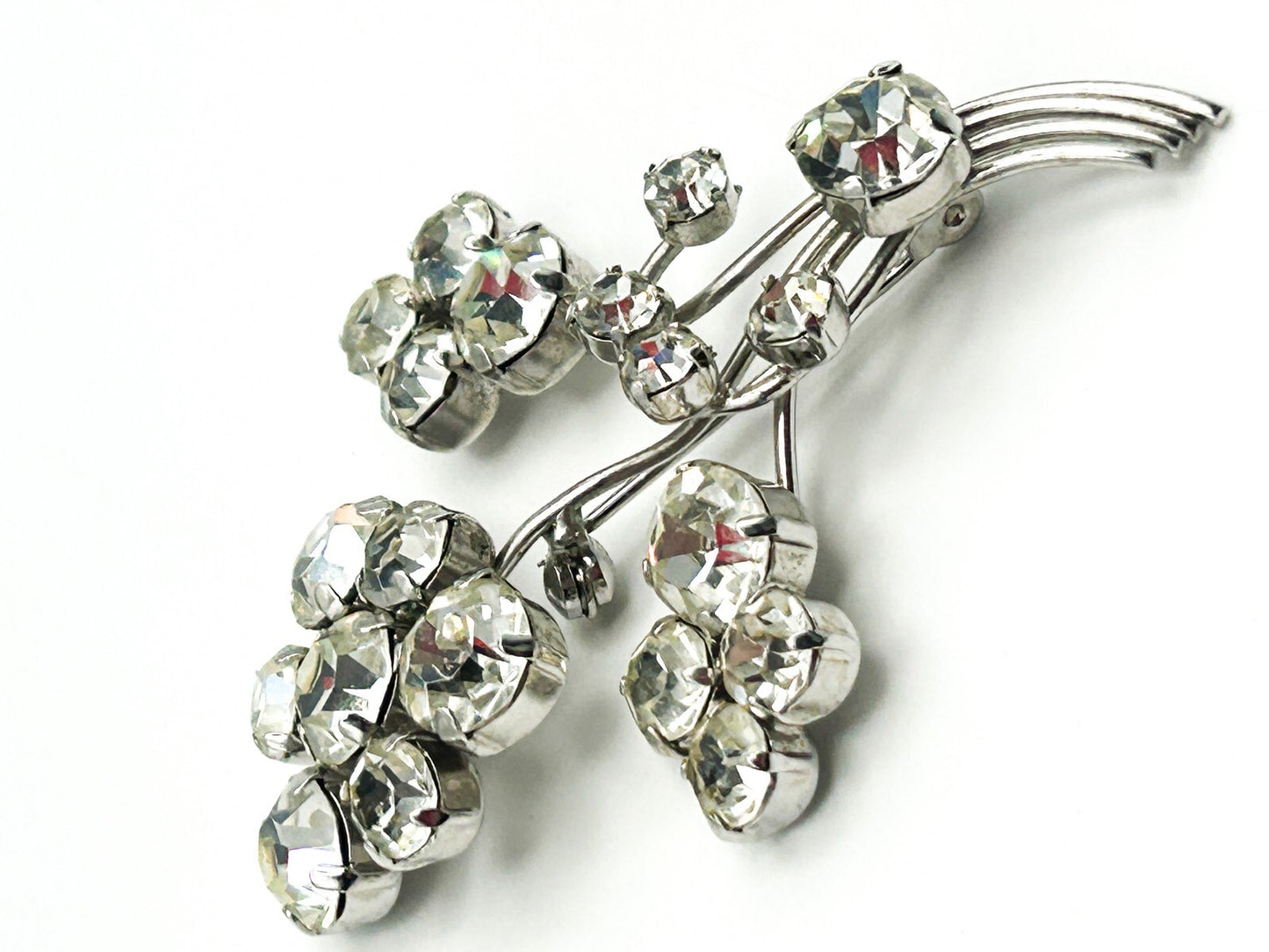 Vintage Rhinestone Flower Brooch Silver Tone Bouquet Pin