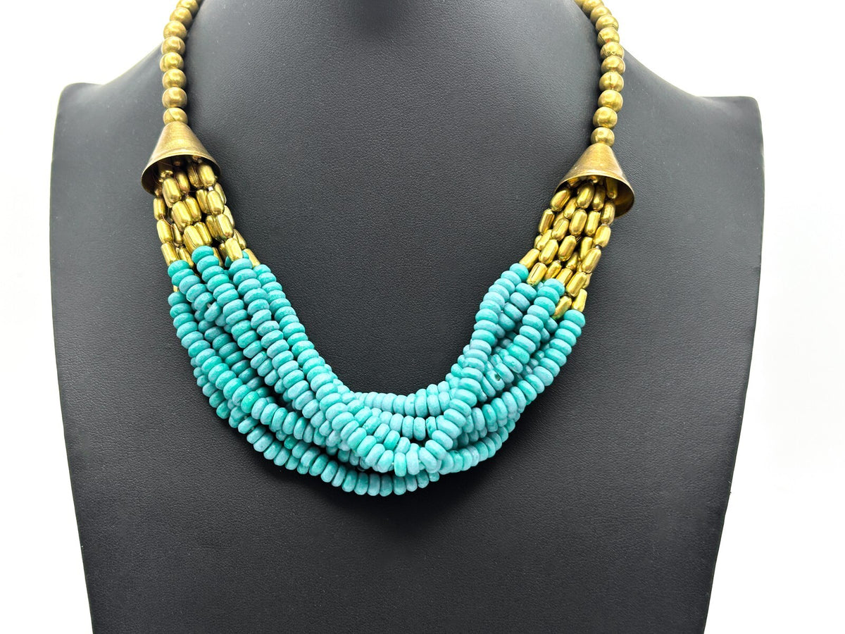 Vintage Turquoise Wood Multi-Strand Beaded Necklace with Gold Tone Caps