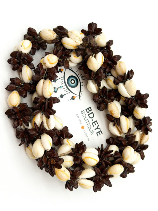 Cowrie Shell Koa Seed Cluster Necklace Boho Tribal Tropical Statement Natural