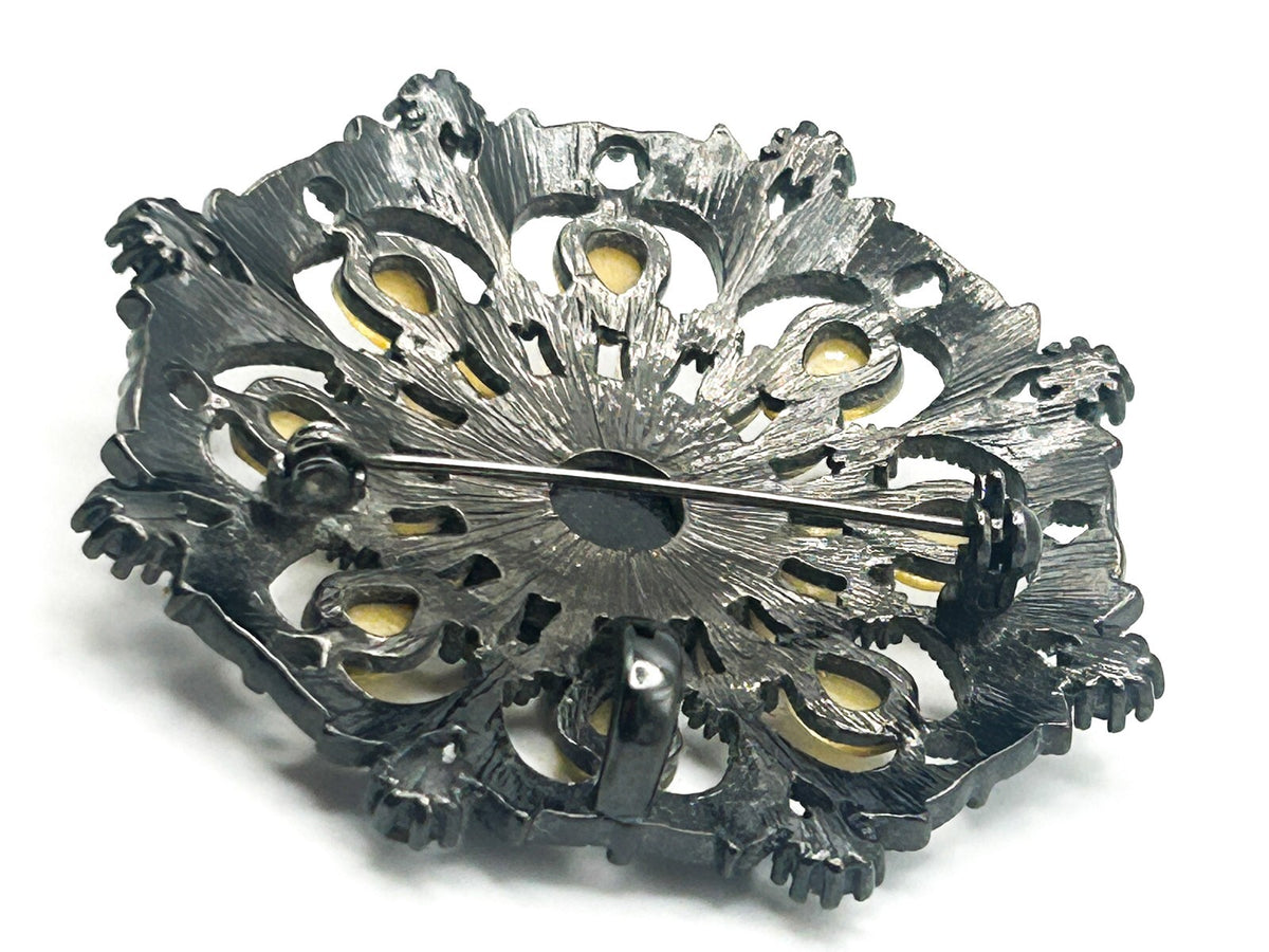 Ornate Gunmetal Floral Rhinestone Vintage Brooch with Lemon Cabochons – 6cm