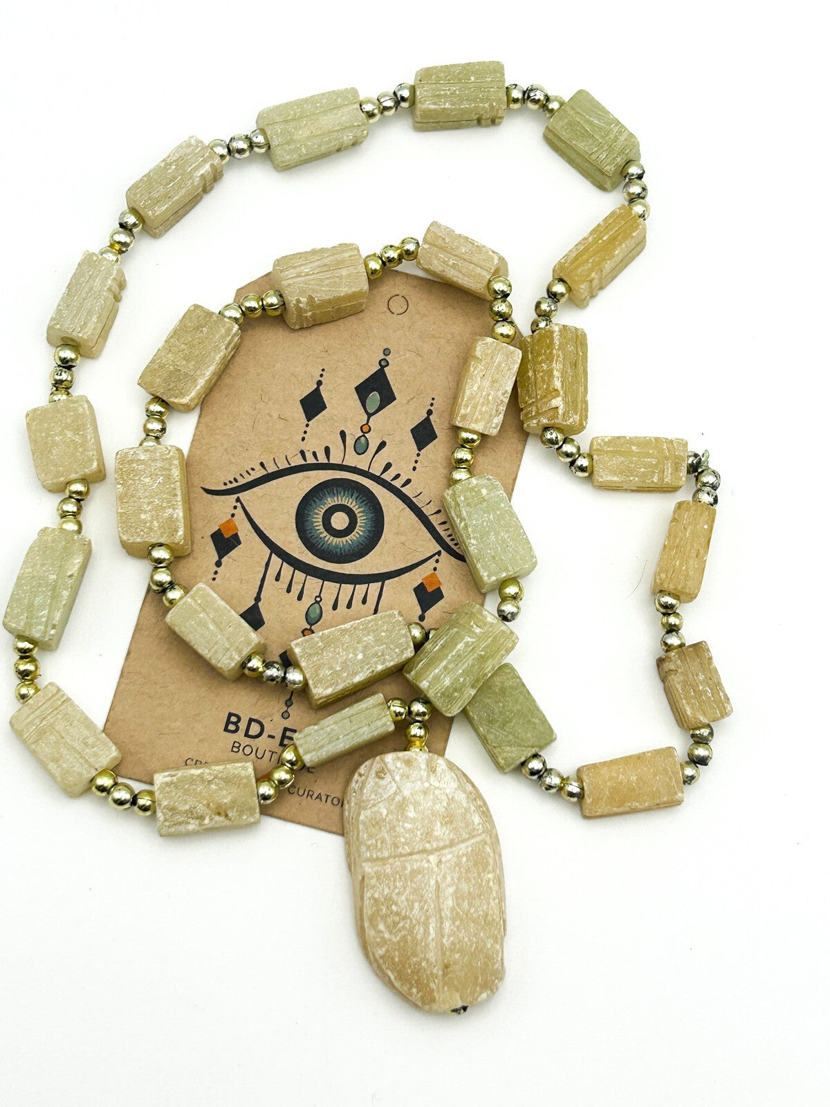 Egyptian Revival Carved Scarab Bead Necklace – Soapstone Panel with Drop Pendant