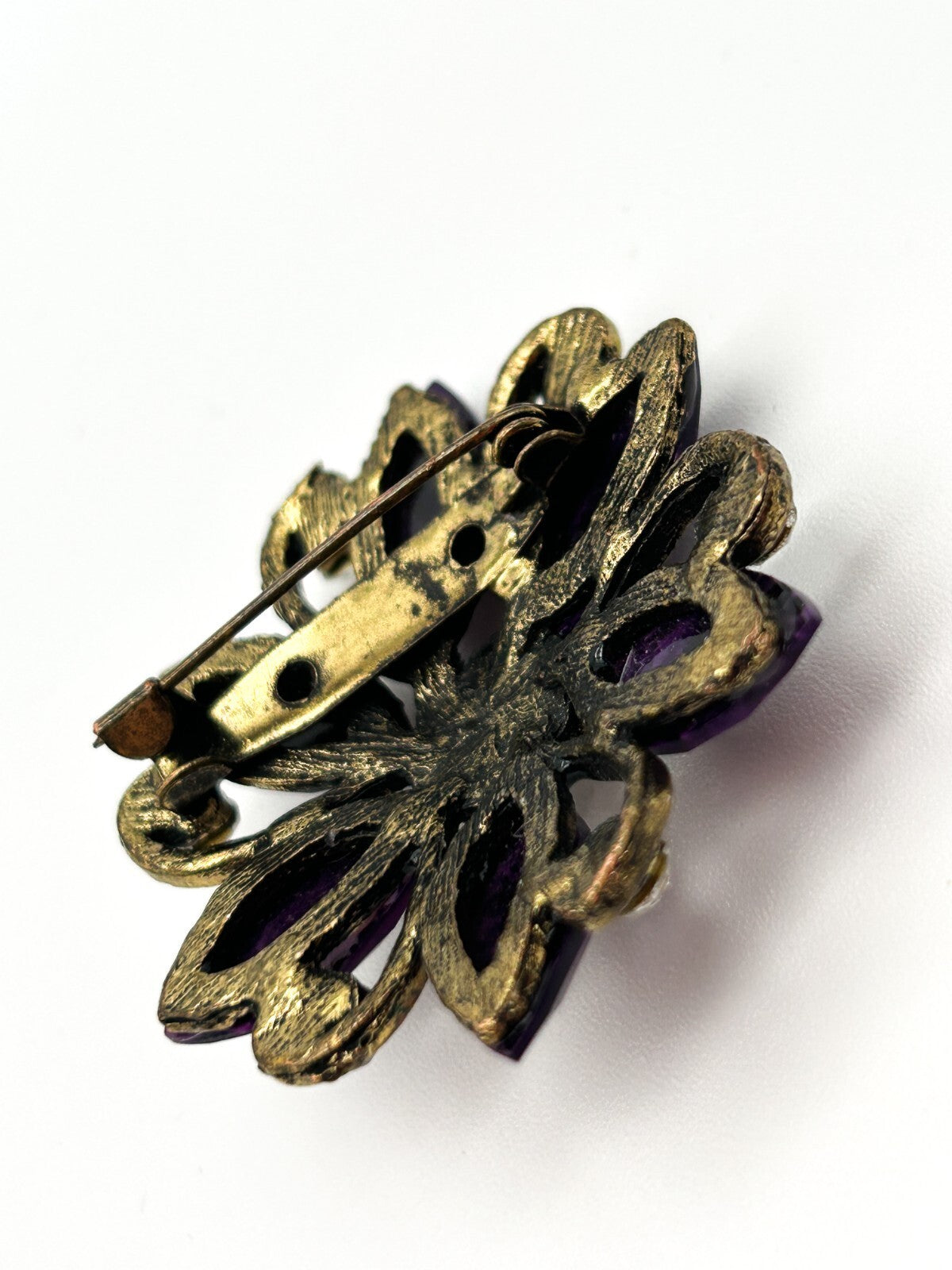 Vintage Floral Rhinestone Brooch Trio Purple Green Crystal Pins Bundle