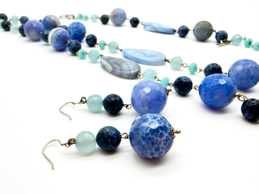 Chunky Blue Agate Beaded Necklace Bracelet Earrings Set Artisan Style