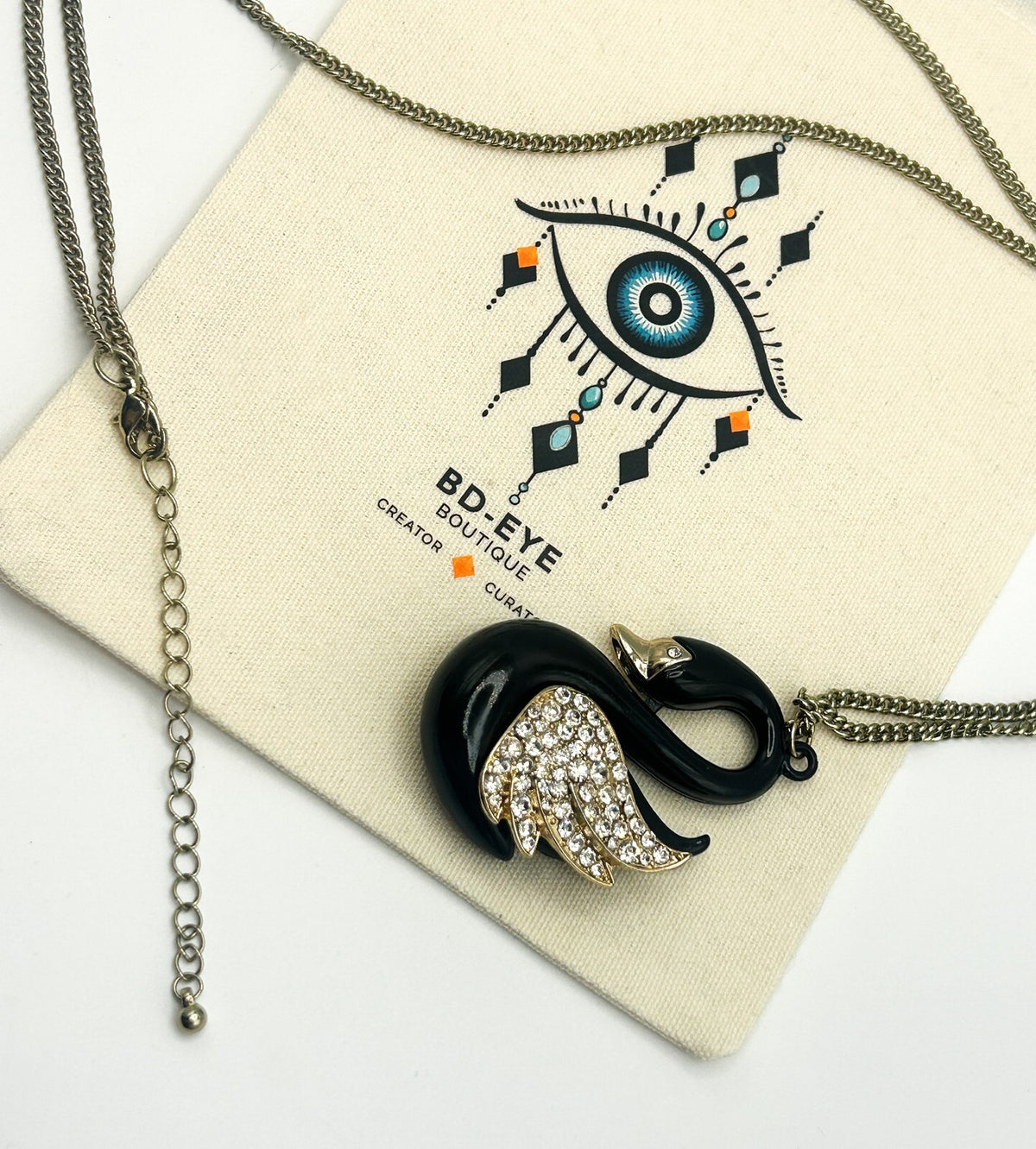 Black, Gold & Rhinestone Swan Pendant Necklace on Gold Tone Chain