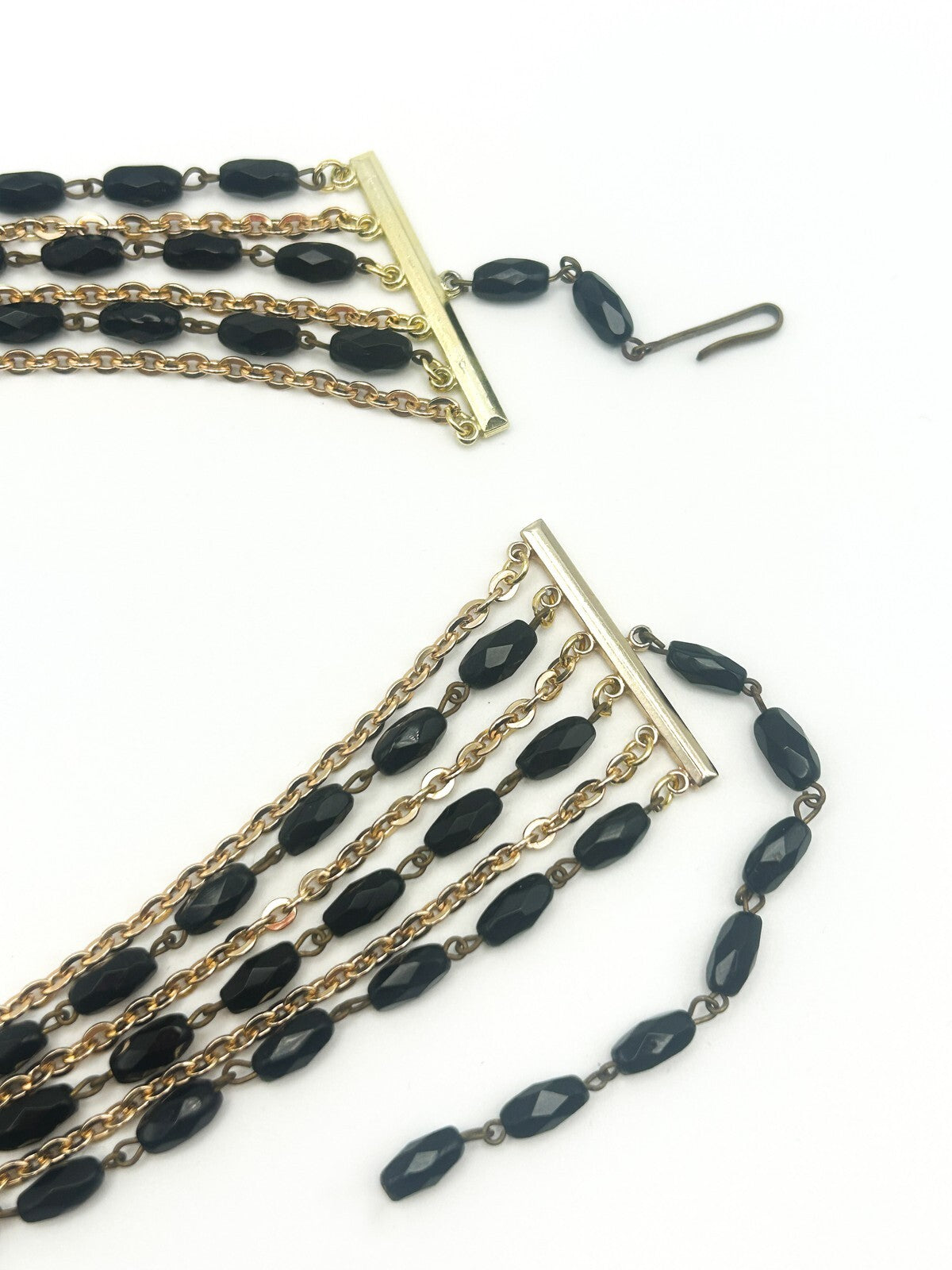 Vintage Layered Black Bead & Gold-Tone Chain Necklace