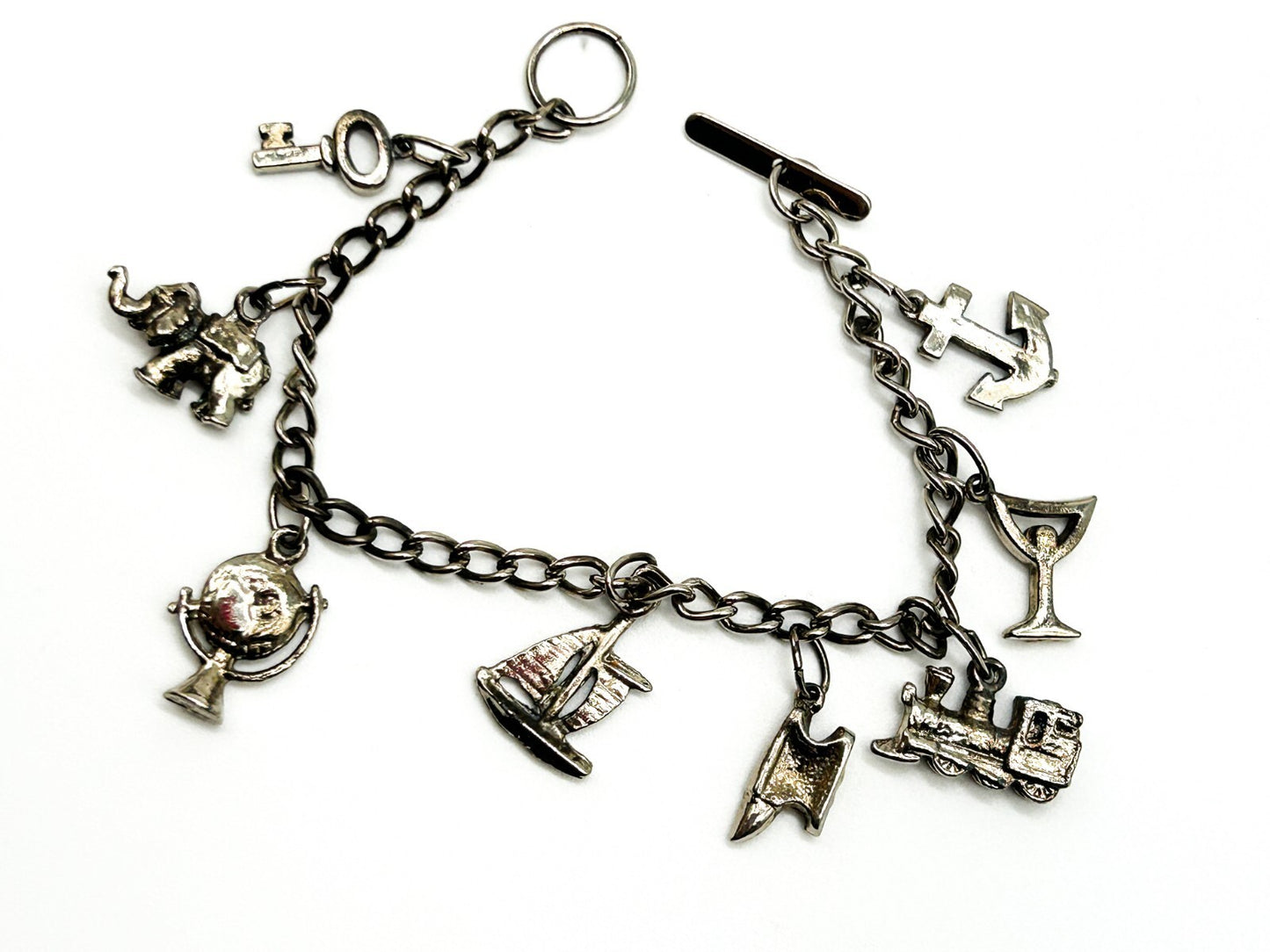 Travel Charm Bracelet Silver Tone Souvenir Holiday Theme 7” Boat Train Globe Key