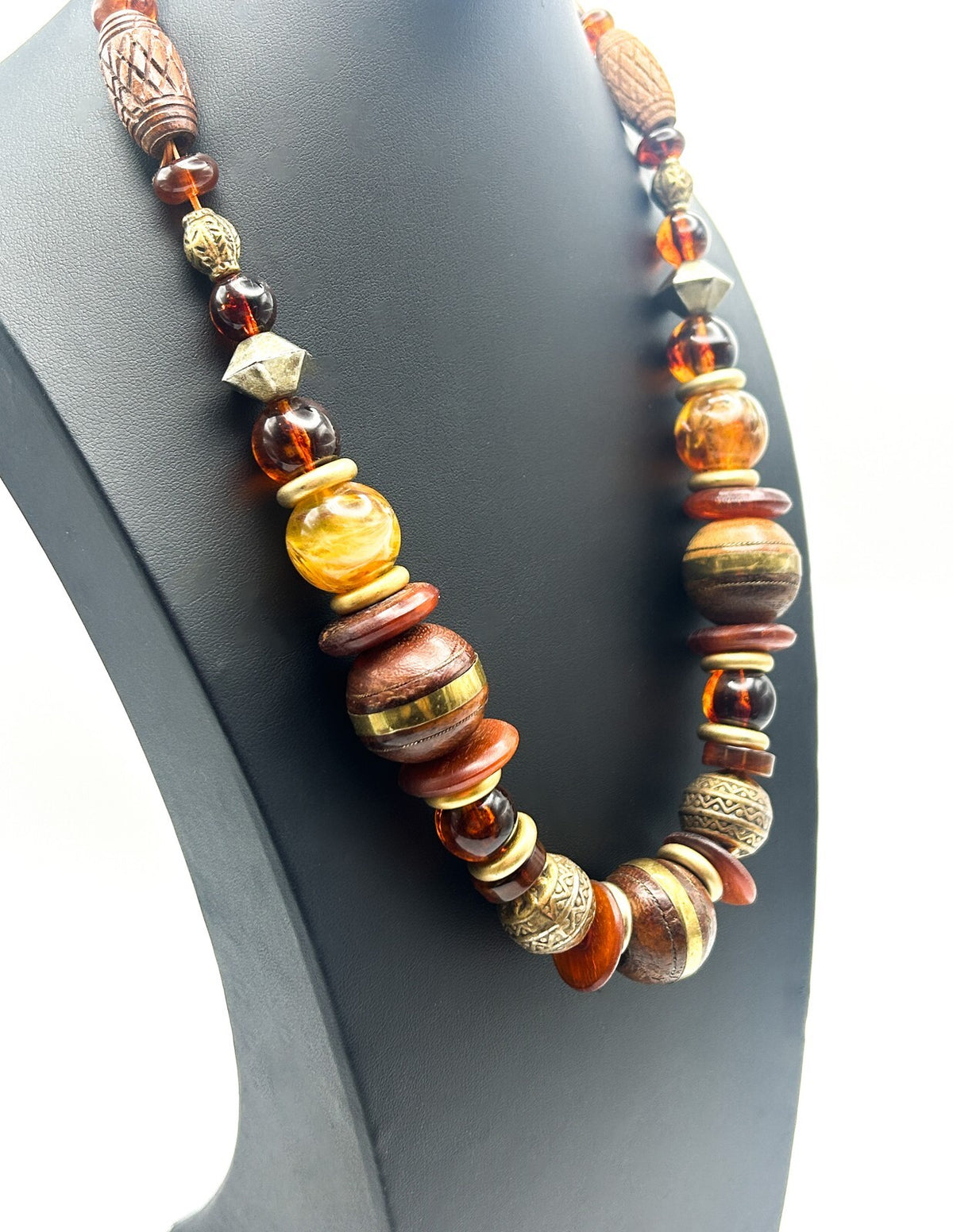 Vintage Graduated Wood & Faux Amber Beaded Statement Necklace