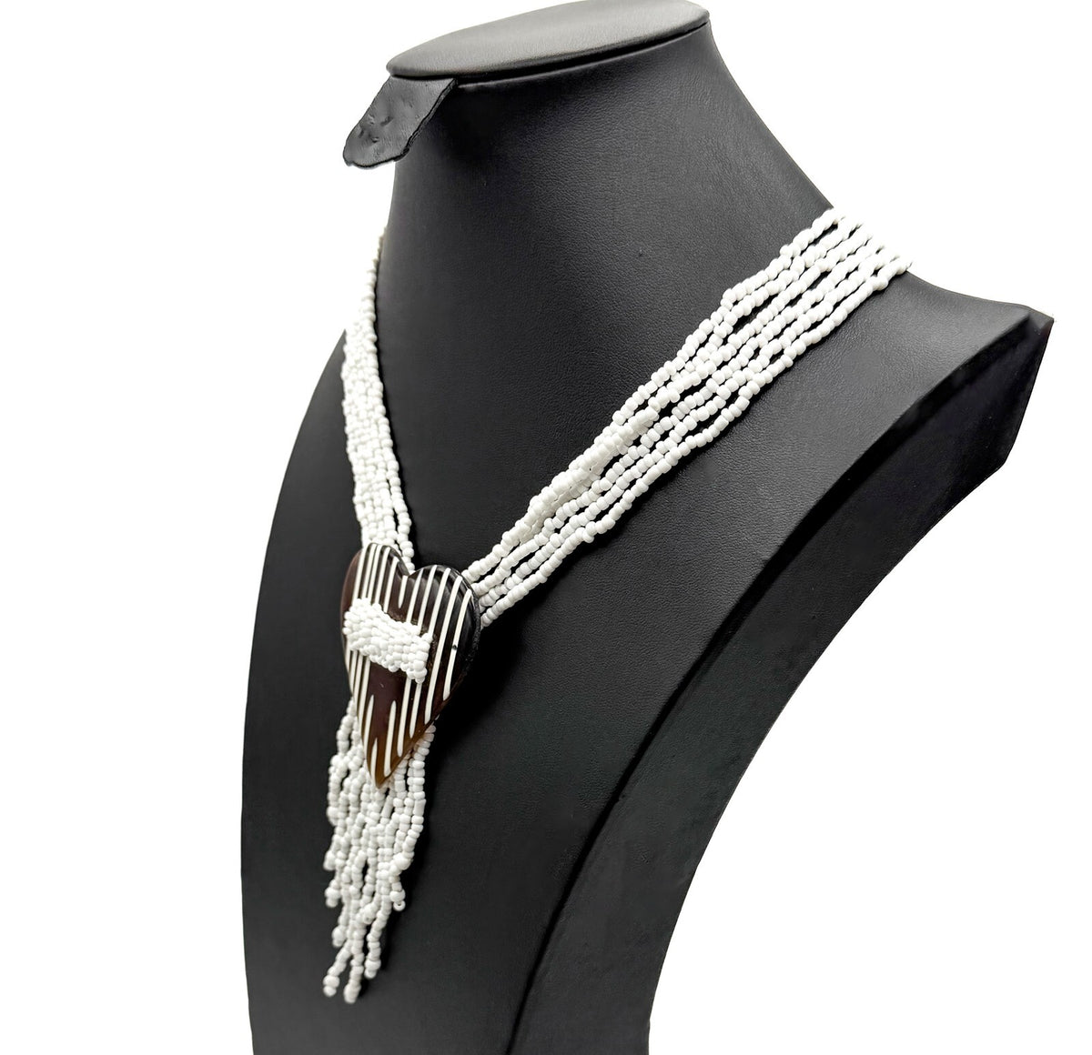 Vintage Multi-strand White Seed Bead Brown Striped Heart Pendant Tassel Necklace