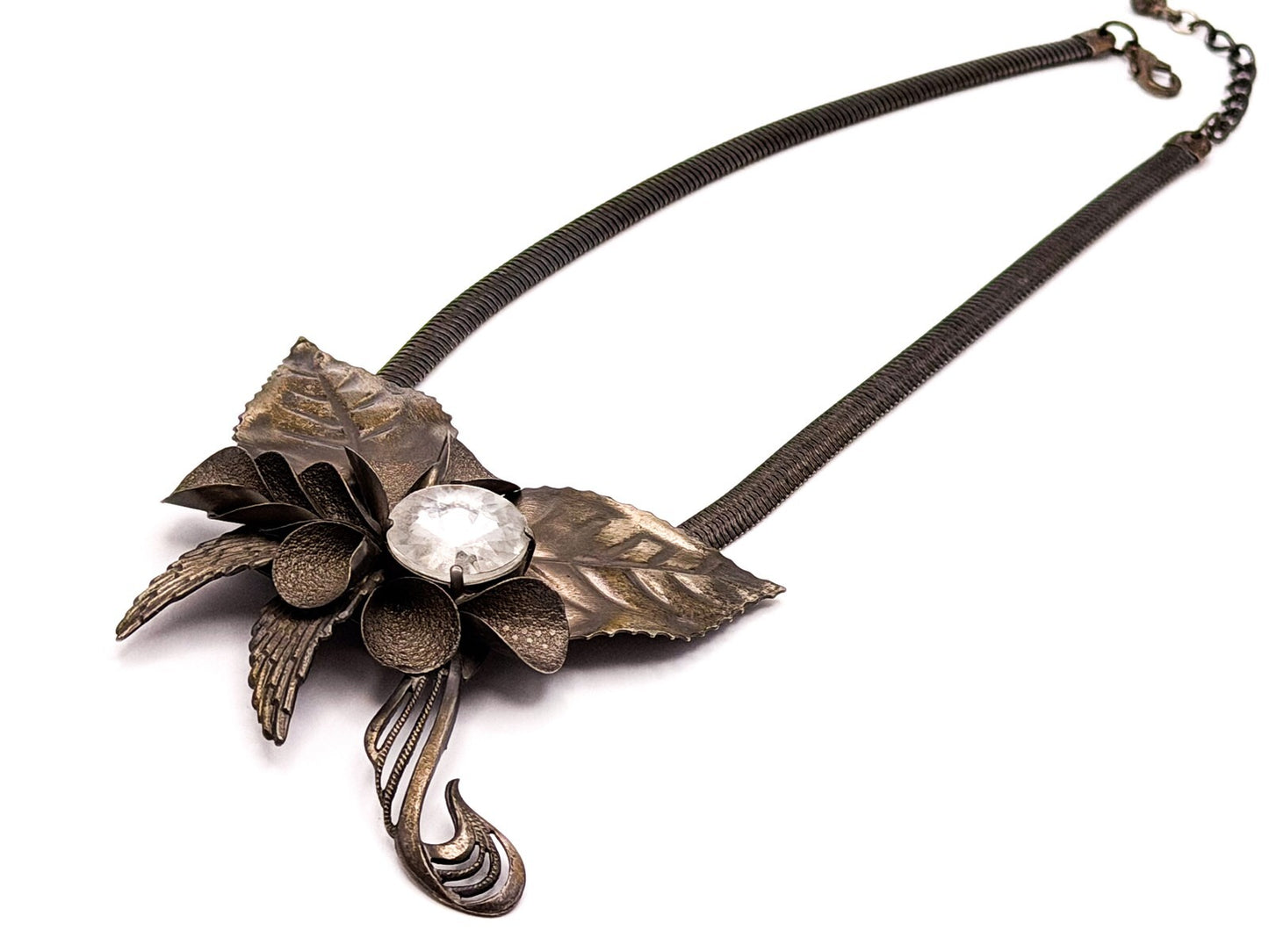 Art Nouveau Style Floral Leaf Statement Necklace with Swirl & Rhinestone Detail