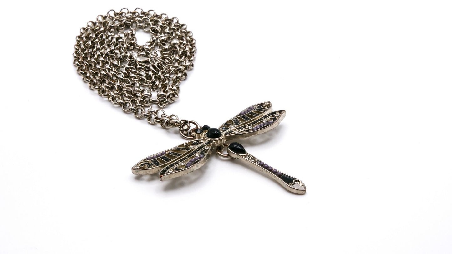 Articulated Dragonfly Pendant Necklace – Silver Tone