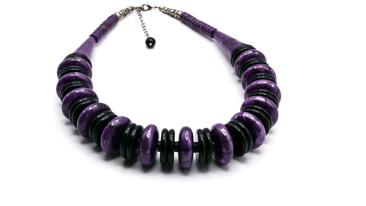 Purple & Black Graduated Disc Statement Necklace | 19”, 89g | 80s style