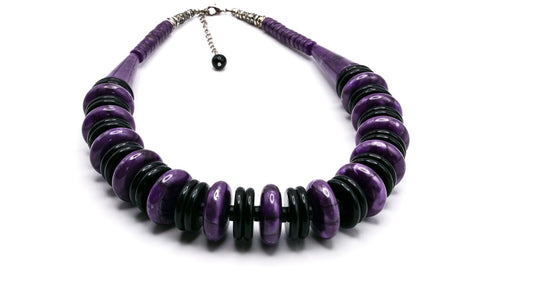 Purple & Black Graduated Disc Statement Necklace | 19”, 89g | 80s style
