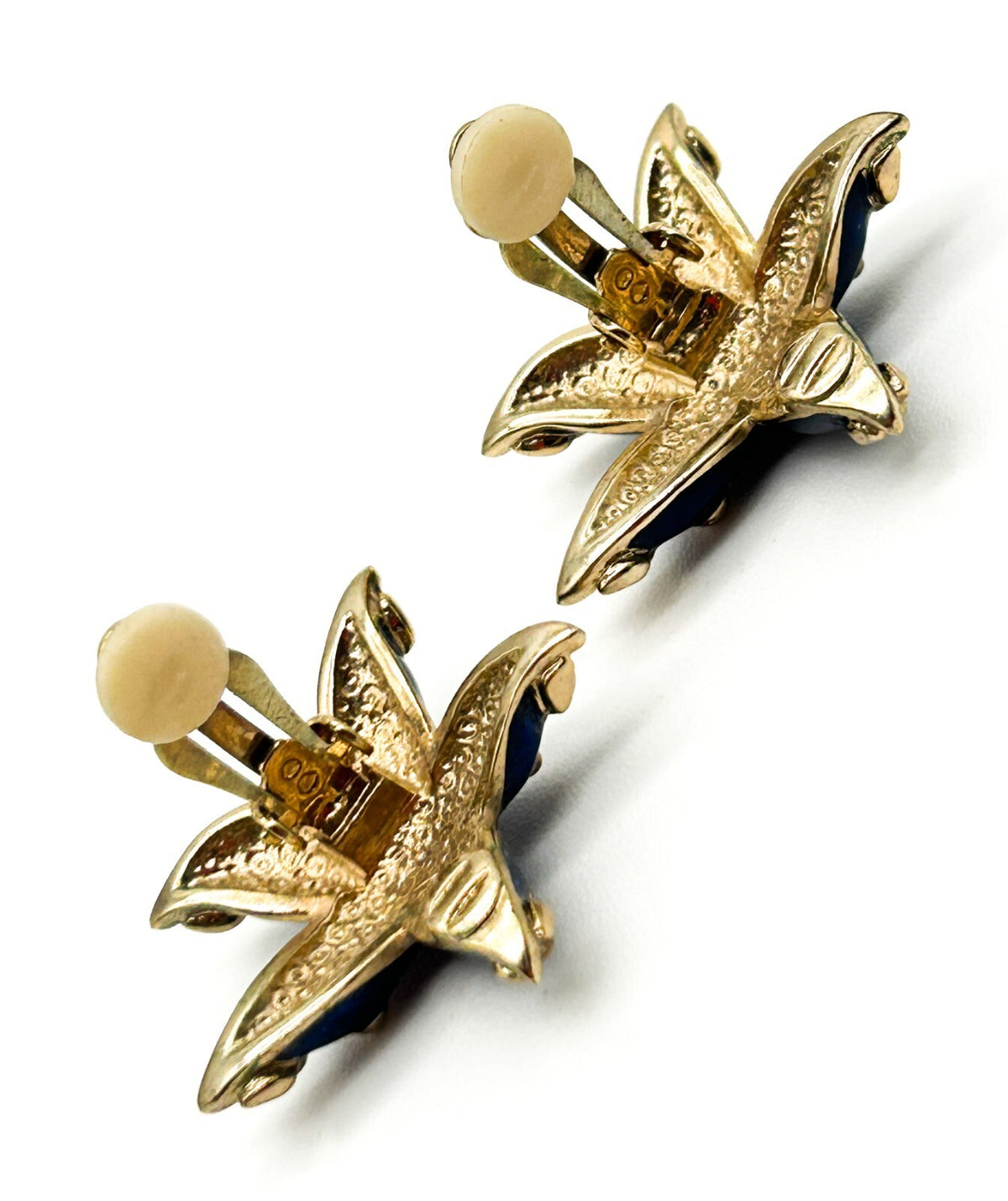 Vintage Gold Tone Cobalt Blue Enamel Starfish Earrings Clip On Retro Coastal