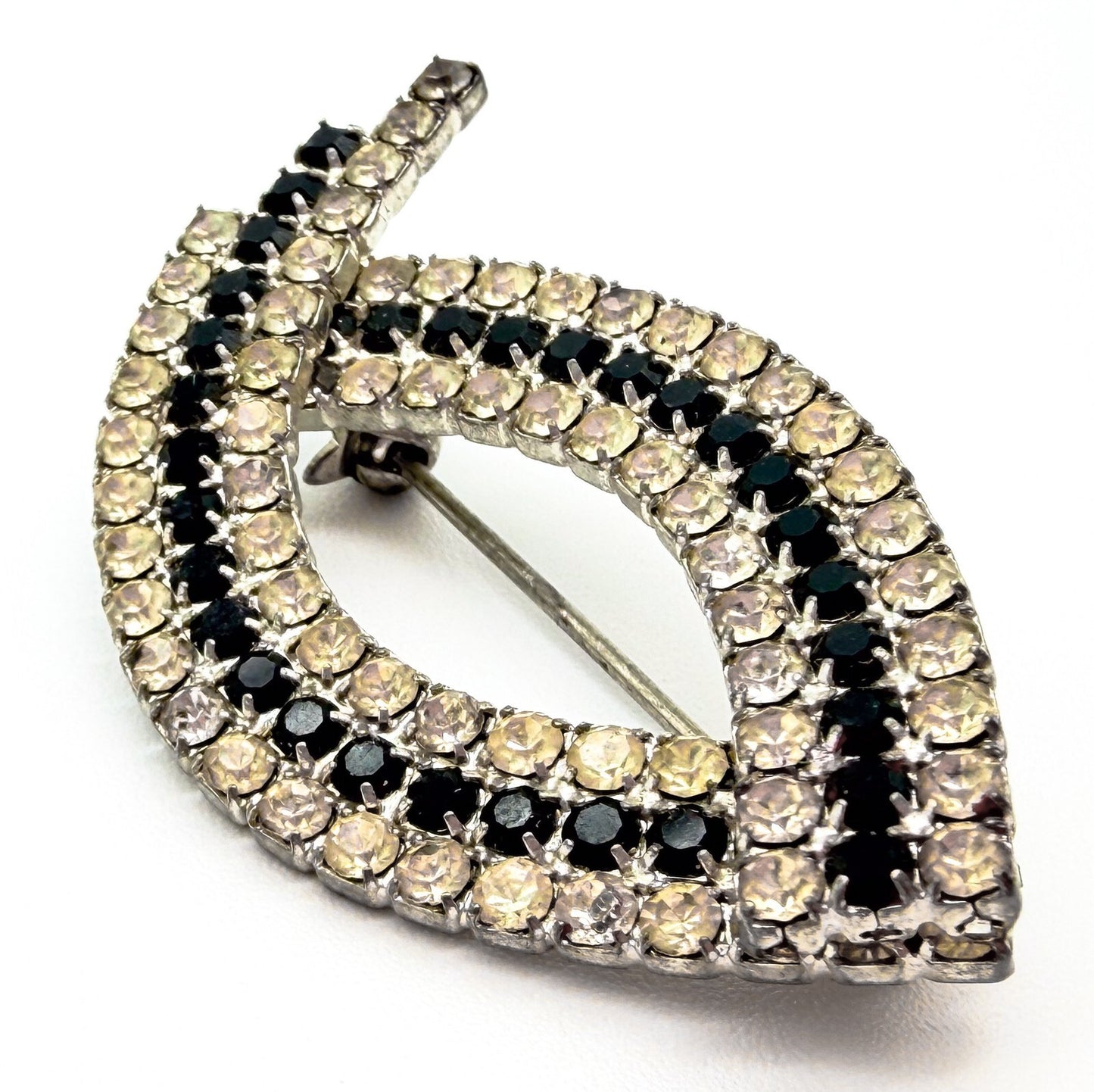 Art Deco Style Rhinestone Brooch Blue Clear Crystal Leaf Marquise SilverTone Pin