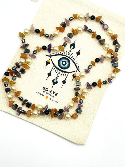 Gemstone Chip Necklace: Hematite, Amethyst, Carnelian & Faux Pearl