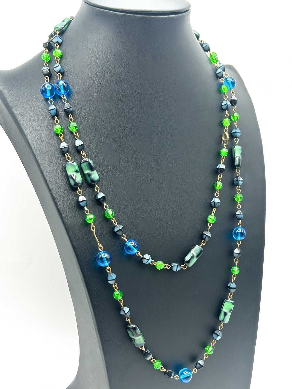 Vintage Blue and Green Glass and Acrylic Long Beaded Necklace