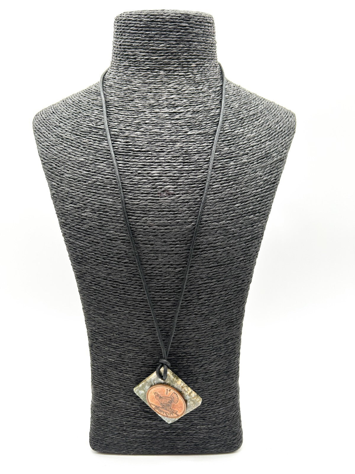 Vintage Irish Pingin Penny Coin Connemara Marble Pendant Necklace Hen Chicks