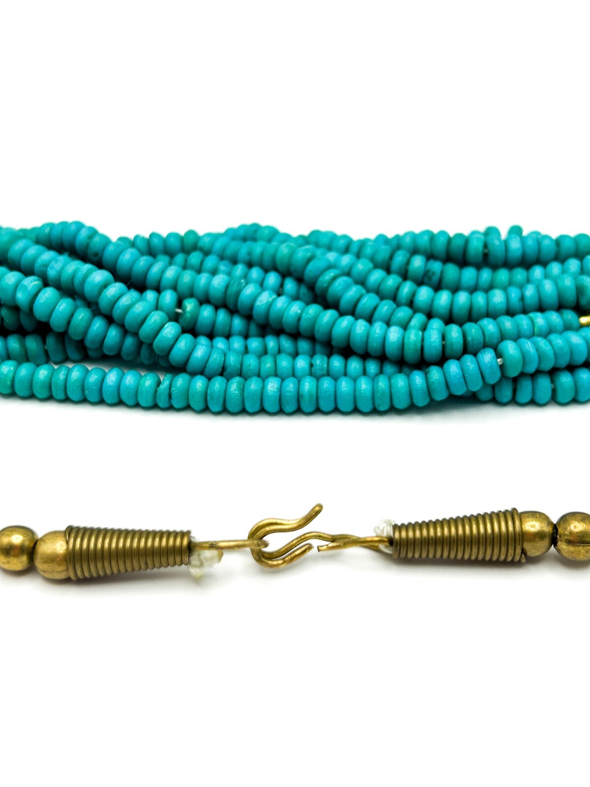 Vintage Turquoise Wood Multi-Strand Beaded Necklace with Gold Tone Caps