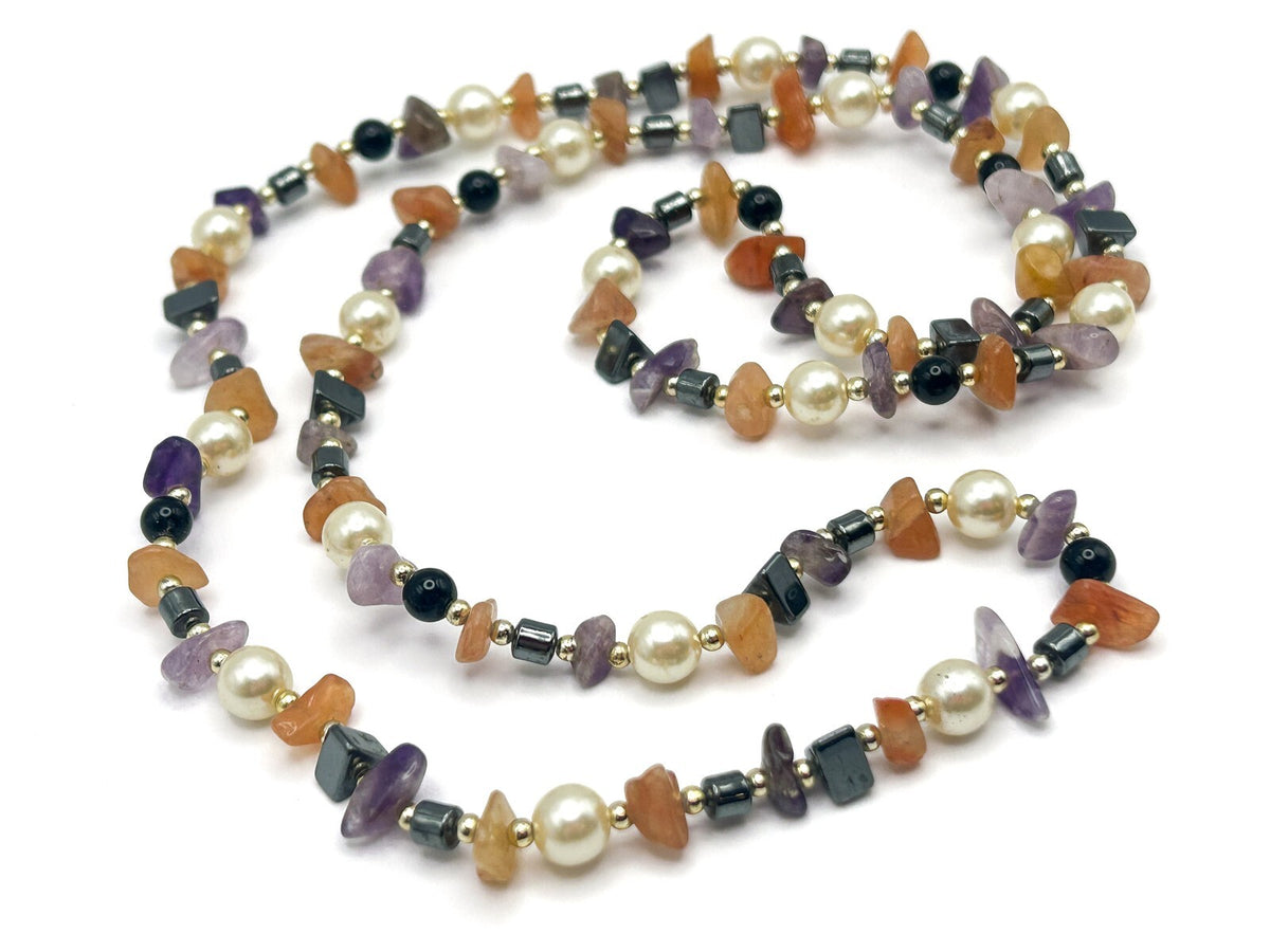 Gemstone Chip Necklace: Hematite, Amethyst, Carnelian & Faux Pearl