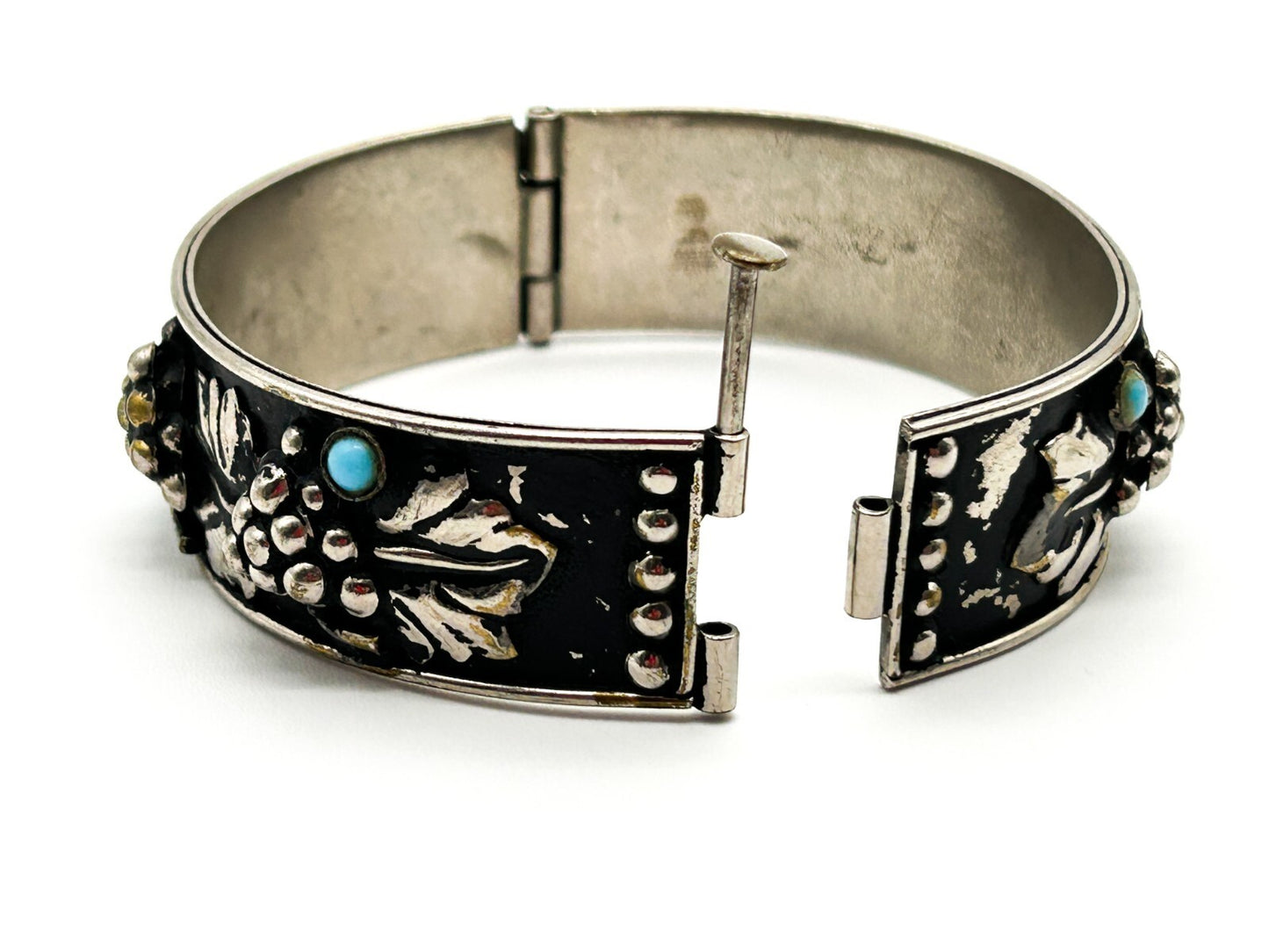 Vintage Silver Plated Grapevine Cuff Bracelet Black Japanned Bacchus Bangle