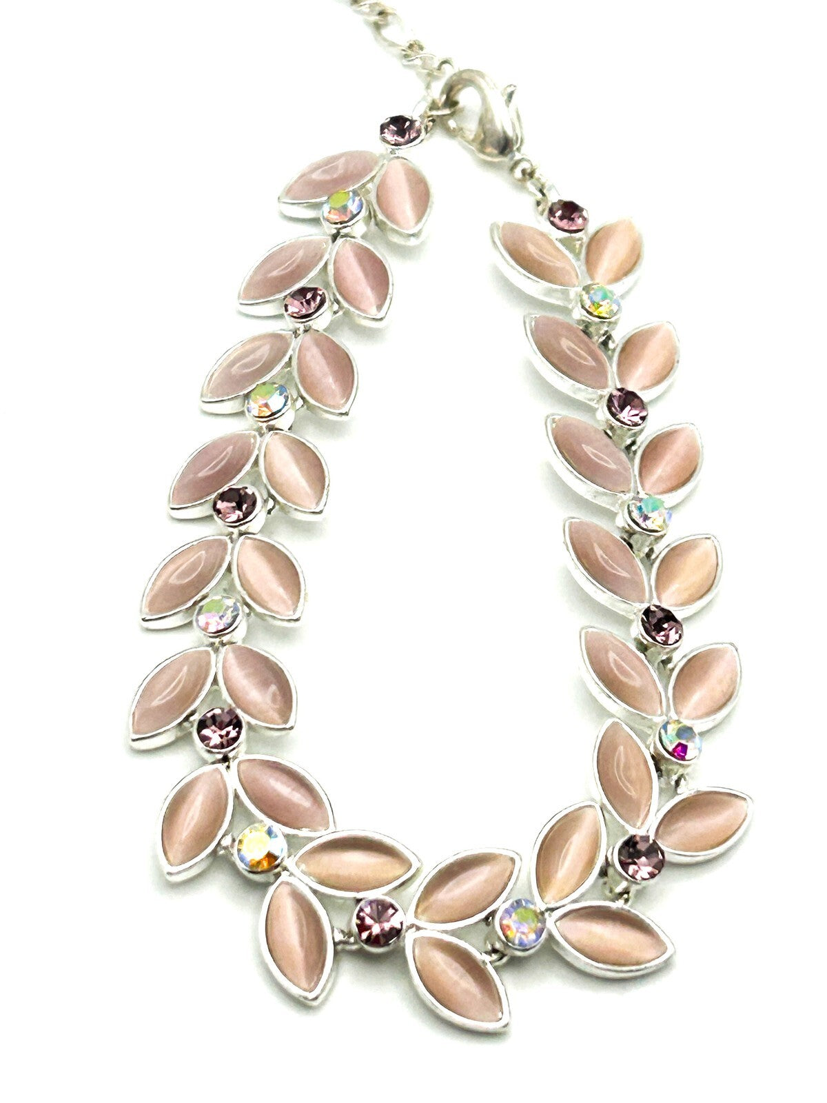 Pink Cat’s Eye Leaf Petal Bracelet Silver Tone AB Crystal Marquise