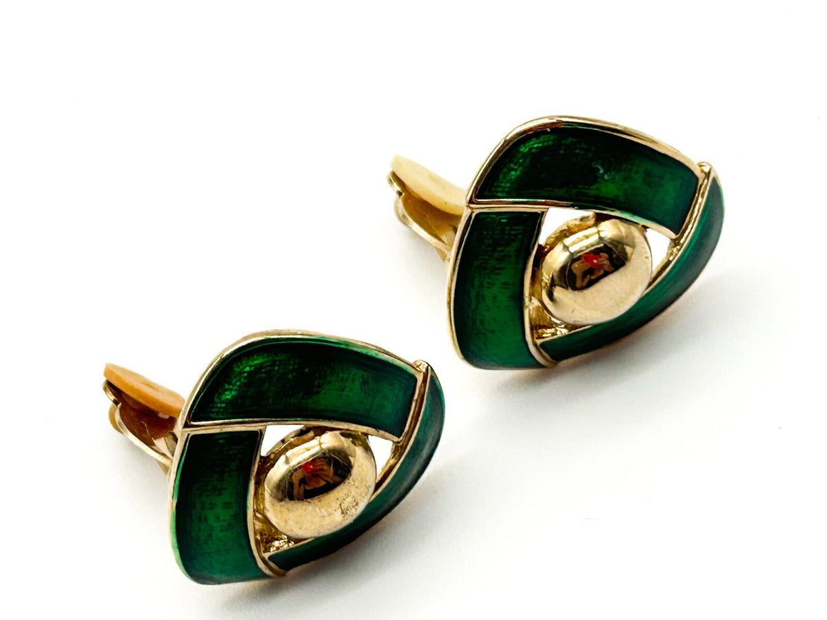 Vintage Gold Tone Green Enamel Knot Clip On Earrings – Late 80s / Early 90s