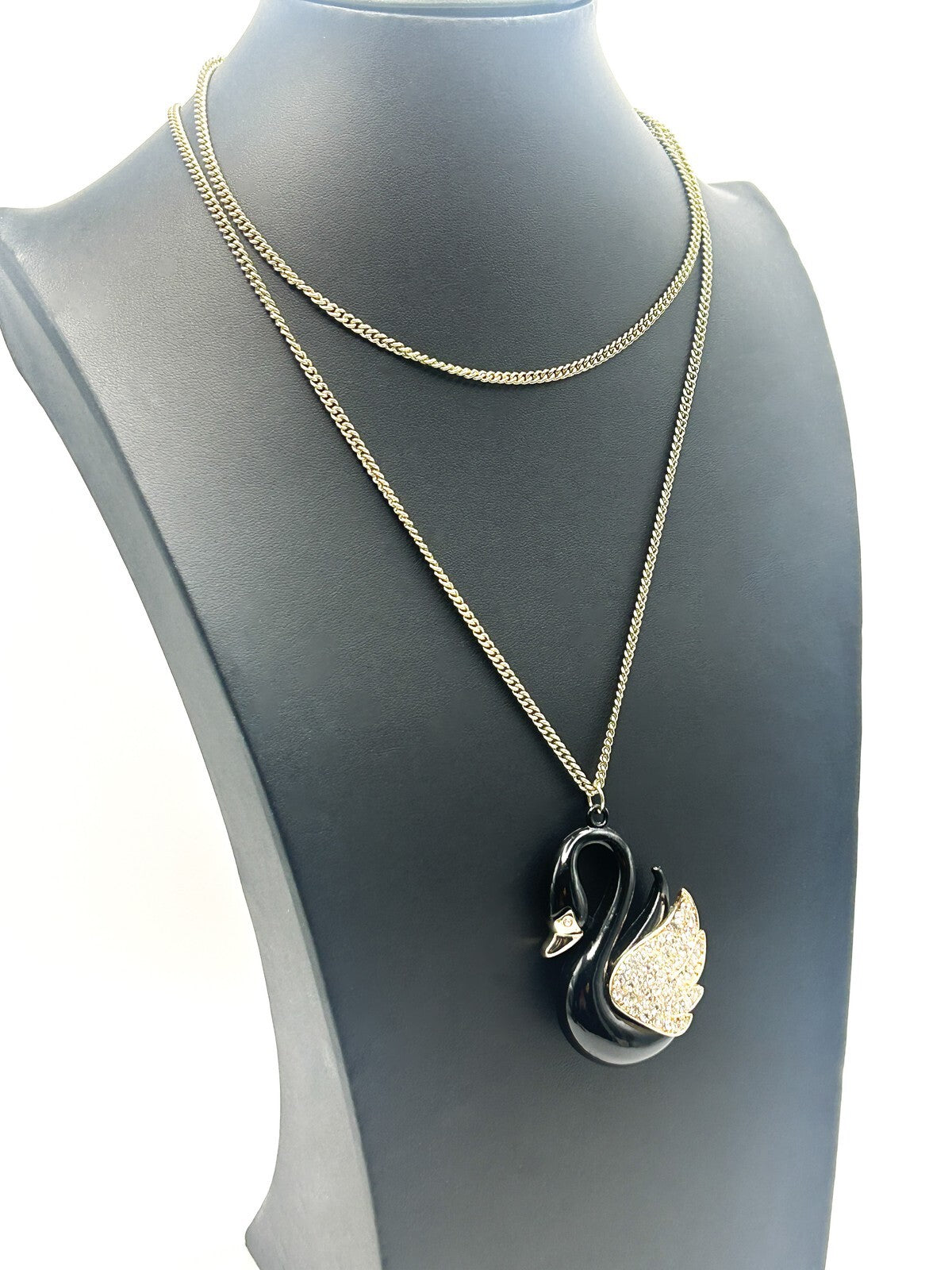 Black, Gold & Rhinestone Swan Pendant Necklace on Gold Tone Chain