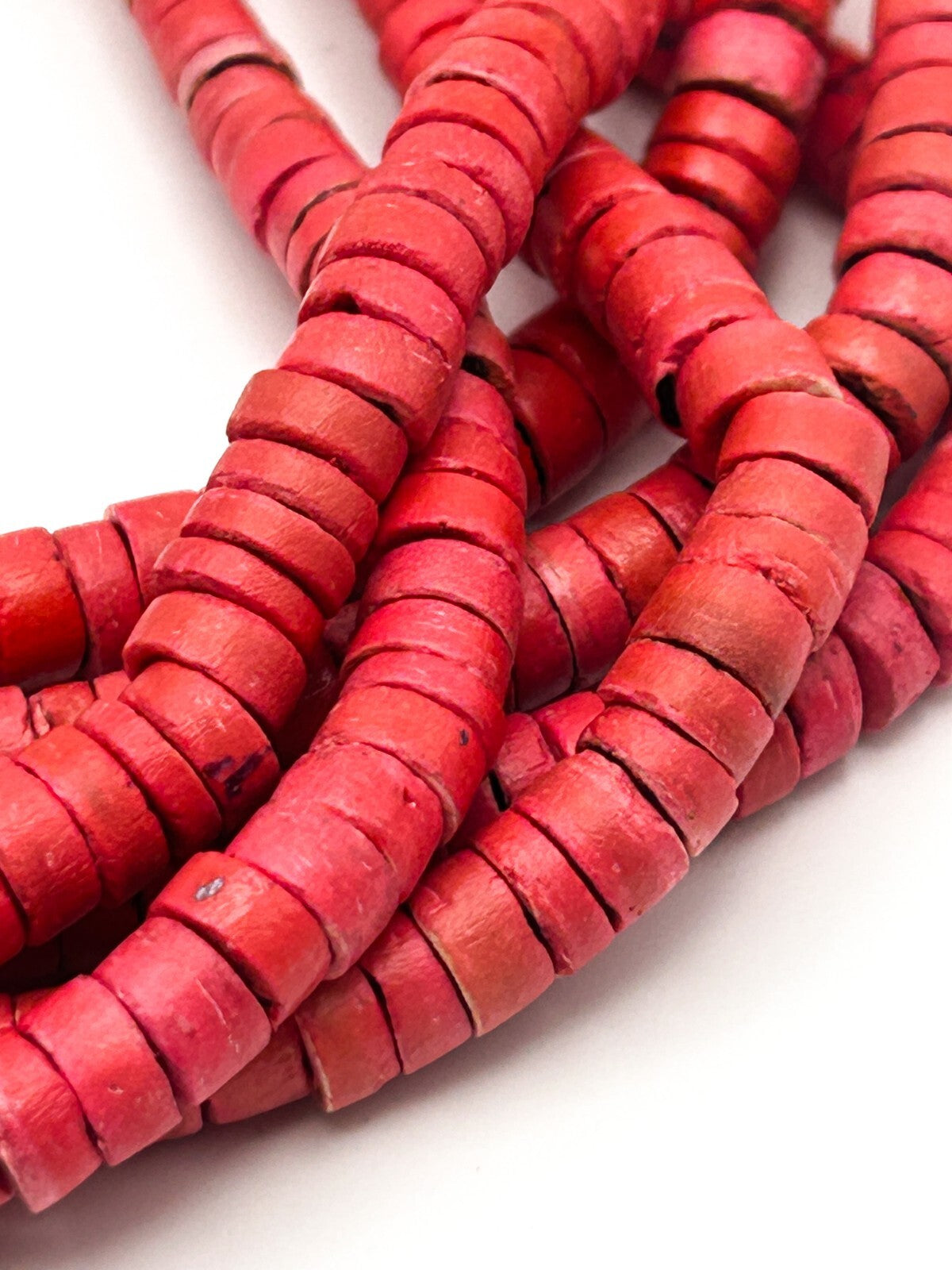 Red Dyed Organic Multi Strand Heishi Disc Beaded Necklace with Gold Tone Clasp